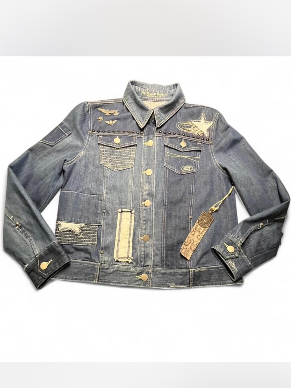 NWT Double D Ranch denim jacket with studs, turquoise charms, and patches, XL - Picture 2 of 12